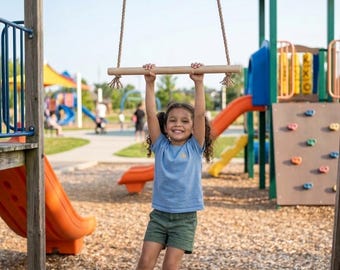 Wooden trapeze swing. Wooden pull-up bar for teenagers. Children's swing for indoor and outdoor use – gymnastic beam. Home gym equipment.