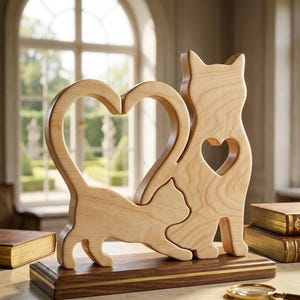 May include: Wooden cat sculpture featuring a mother cat and kitten, with a heart-shaped tail. The mother cat has a heart cutout. The sculpture is mounted on a wooden base with a gold accent.