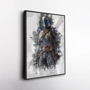 May include: Framed artwork featuring a watercolor-style illustration of a character in a helmet and armor. The figure is depicted in shades of blue, gray, and brown, with a blaster rifle and a white and gray background.