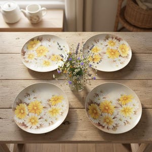 May include: Four round plates with a floral daisy design in yellow and white, arranged on a wooden table. A small vase of flowers sits in the center. The plates are cream-colored.
