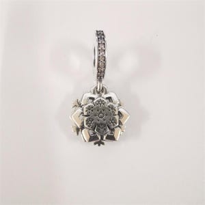 Può includere: Un charm a forma di fiocco di neve argentato con un design dettagliato. Il charm ha un'ansa decorativa con piccole pietre trasparenti. Il fiocco di neve ha un motivo dettagliato ed è accentuato da sezioni dorate.