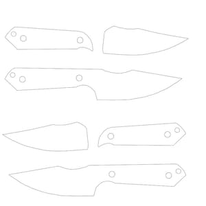 May include: Line drawing of several knife blade and handle templates. The templates are in various shapes and sizes, with holes for rivets. The image is a simple, black and white illustration.