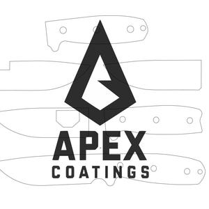 May include: A black logo featuring a stylized letter A above the text APEX COATINGS, superimposed over four thin black line drawings of knife blade and handle profiles with visible circular pin holes on a plain white background.