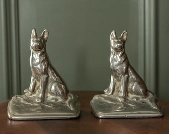 Vintage Silver Tone German Sheperd Bookends - Heavy Metal Bookends Dogs