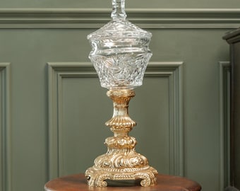 Vintage Hollywood Regency Crystal and Gilt Metal Pedestal Candy Dish Bonbonniere