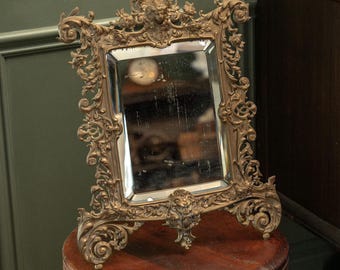 Antique Bronze or Brass Art Nouveau Ornate Figural Mirror with Original Bevelled Glass