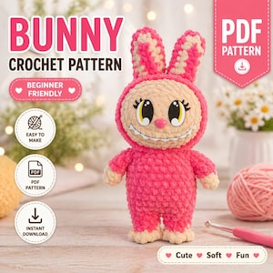 Può includere: Una bambola di coniglio all'uncinetto rosa e crema con un viso sorridente, grandi occhi e lunghe orecchie. L'immagine include il testo "BUNNY CROCHET PATTERN" e "BEGINNER FRIENDLY". Il testo aggiuntivo include "EASY TO MAKE", "PDF PATTERN" e "INSTANT DOWNLOAD".