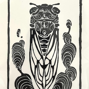 May include: Black and white linocut print of a cicada insect. The print features a detailed illustration of the cicada's body, wings, and head, with stylized organic shapes on either side. The print is numbered 1/25 and signed "M. Scearce 2023".