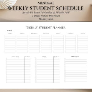 Könnte beinhalten: Ein minimalistischer Wochenplan für Studenten, druckbar in Schwarz und Weiß. Der Planer enthält Abschnitte für jeden Wochentag, Aufgaben, Fristen, Studium und oberste Prioritäten. Der Text "WEEKLY STUDENT SCHEDULE" steht oben.