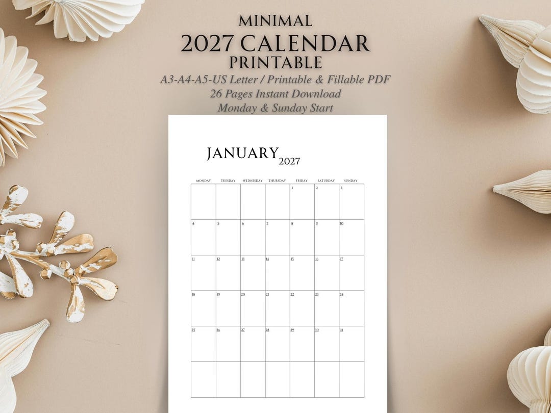 2027 Calendar Printable, Minimal Monthly Planner 2027, A3 A4 A5 US