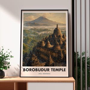 Borobudur Temple Poster, Java Indonesia Travel Wall Art, Buddhist Landmark Print