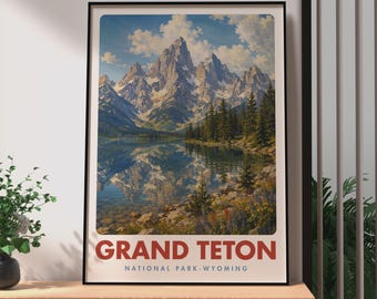 Grand Teton National Park Poster, Wyoming USA Mountain Lake Art, Vintage Travel
