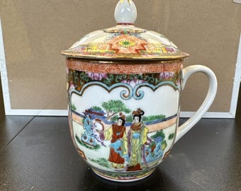 Porcelain Covered Tea Mug, Chinese Famille Rose Style, hand painted