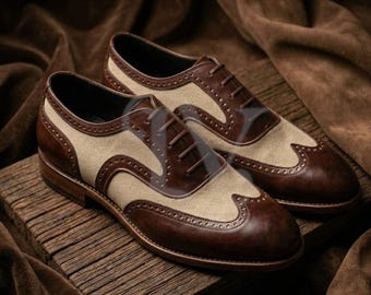 Men's Two-Tone Leather Canvas Wingtip Oxfords – Artisan Brogue Dress Shoes