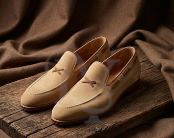 Handmade Sand Suede Belgian Loafers for Men | Luxury Tan Suede Slip-On Dress | Bespoke Apron Toe Casual Loafers | Elegant Summer Footwear