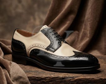 Scarpe Oxford da uomo bicolore con punta a coda di rondine: brogue in pelle nera e crema