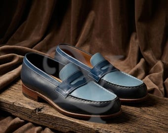 Two-Tone Blue Leather Penny Loafers – Men's Slip-on Moccasins, Patina Leather Footwear