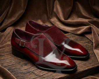 Men's Burgundy Patina Monk Strap Shoes | Leather Suede Mixed Media Loafers