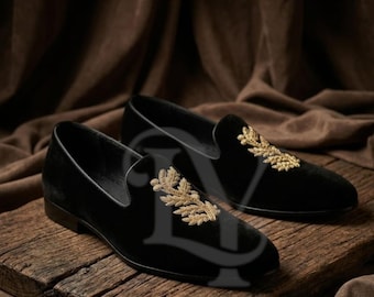 Mocassins en velours noirs - Broderie de feuilles de laurier dorées, chaussures de smoking pour mariage habillées pour hommes
