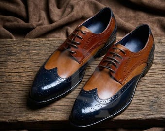 Zapatos brogue de cuero azul marino y marrón coñac pintados a mano para hombre – The Gentleman's Spectator Oxford
