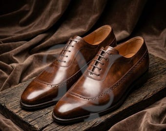 Handmade Cognac Patina Leather Oxford Shoes – Men’s Hand-Burnished Wingtip Brogue Dress Shoes
