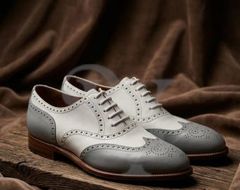 Zapatos Oxford Brogue Spectator de cuero hechos a mano – Zapatos de vestir con puntera de ala en gris y blanco
