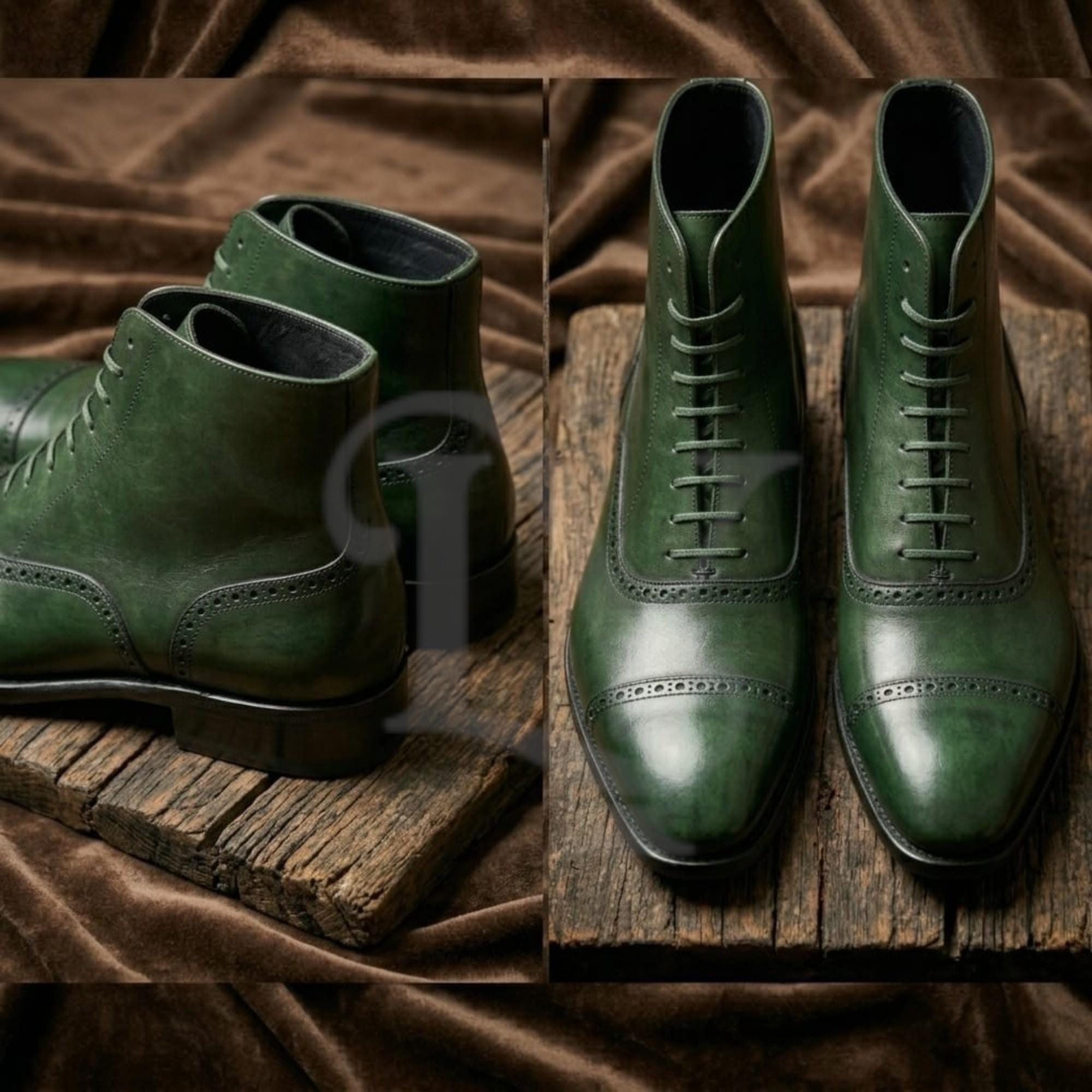 Men's Emerald Green Patina Leather Balmoral Boots – Hand-finished Dress ...