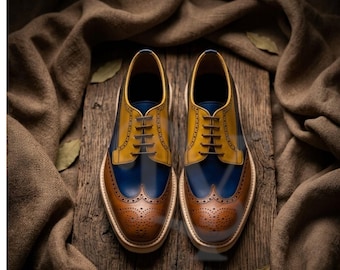 Zapatos brogue de cuero tricolor hechos a mano para hombre con puntera de ala - Zapatos Oxford personalizados en amarillo mostaza, azul real y marrón coñac - Zapatos de vestir de lujo a medida