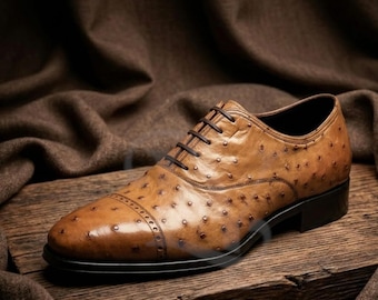 Zapatos Oxford de hombre de piel de avestruz color coñac – Calzado de vestir con puntera reforzada