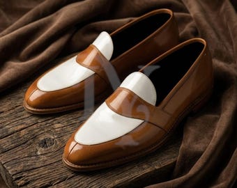 Mocasines Spectator de cuero blanco y marrón para hombre – Zapatos de vestir clásicos bicolor sin cordones