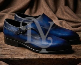 Zapatos de cuero azul marino con pátina pintada a mano y hebilla simple – Calzado de vestir a medida