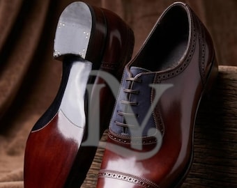 Handmade Men's Burgundy Patina Leather Oxford Shoes – Navy Blue Suede Accents,Genuine Leather Sole, Bespoke Luxury Formal Footwear