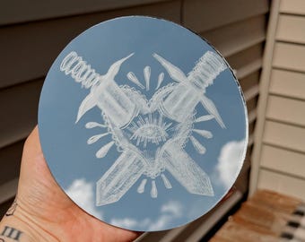 Hand Etched Circle Mirror Swords American Traditional Tattoo Style Art