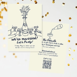 May include: Wedding invitation set featuring a champagne bottle illustration and the text "We're married! Let's Party!" on the front. The back details the event time, dress code, and RSVP information. Gold confetti decorates the background.