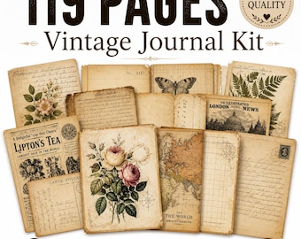 119 vintage skräpjournalsidor, digitalt kit med antika ephemeramotiv, utskrivbart botaniskt papper, viktorianska bokstäver och gamla texturer för scrapbooking