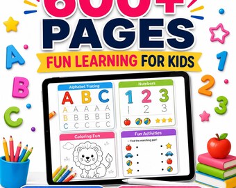 Lernpaket für Vorschulkinder (über 600 Seiten) | Arbeitsblätter für Kinder von 3–6 Jahren, Alphabet nachzeichnen, Zahlen, Aktivitäten, druckbare PDF-Datei für den Heimunterricht