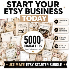 Peut inclure: Visuel promotionnel pour un pack de démarrage Etsy avec le texte "START YOUR ETSY BUSINESS TODAY". L'image présente divers fichiers numériques, tels que des modèles et des journaux, avec le texte "5000+ DIGITAL FILES". Comprend des icônes pour "COMMERCIAL USE" et "INSTANT DOWNLOAD".