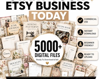 5000+ Etsy Business Starter Bundle Digitala Produkter för Nybörjare | Skräpjournal, Planerare, Symönster, Canva-mallar Kommersiellt Användning