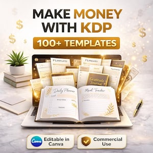 Puede incluir: Un portátil que muestra varias plantillas de planificador, incluido un planificador diario y un rastreador de comidas. La imagen presenta el texto "MAKE MONEY WITH KDP" y "100+ TEMPLATES". El texto adicional incluye "Editable in Canva" y "Commercial Use".