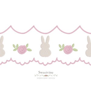 May include: An embroidered design featuring alternating bunny and rose motifs. The bunnies are off-white, the roses are pink with green leaves, and the scalloped borders are pink. The text "Sweetvine EMBROIDERY DESIGN" is at the bottom.