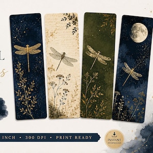 Printable Dragonfly Bookmarks, Gold Celestial Bookmark Set, Aesthetic PDF / JPG, Digital Download , Botanical  2x6 inc, Moon  Bookmarks