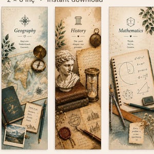 May include: Four digital bookmarks measuring 2 x 6 inches, featuring academic themes: Literature with books and flowers, Geography with a map and compass, History with a bust and hourglass, and Mathematics with geometric diagrams and a notebook.
