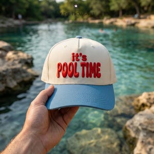 Embroidered Pool Time Hat, Blue Cream Baseball Cap, Summer Vacation Gift For Her