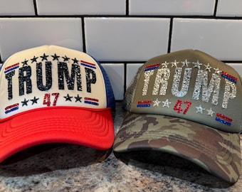 Gorra de camionero con diamantes de imitación de Trump 47