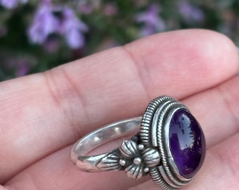 Anillo vintage de plata de ley con amatista, talla O, regalo para ella/él.