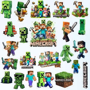 Puede incluir: Una colección de pegatinas con temática de Minecraft que muestra personajes pixelados como Steve, Alex, Creepers y varios animales. El set incluye escenas de acción, el logotipo de Minecraft y un gráfico de Happy Birthday, en estilo de bloques.