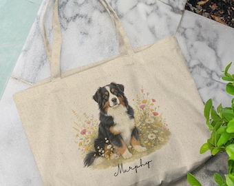 Floral Bernese Mountain Dog Tote Bag Custom Berner Mom Birthday Gift for Dog Lover, Canvas Dog Bag, Bernese Mountain Dog  Gift for Dog Mom