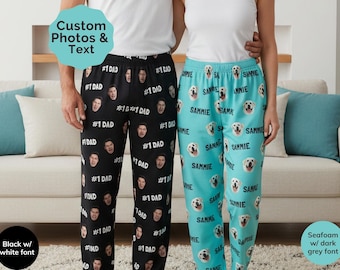 Custom Face Pajama Pants, Personalized Phrase Dog Cat Photo Gift for Fathers Day, Dog Face PJ Pants Gift for Mom Birthday Funny Dog Dad Gift