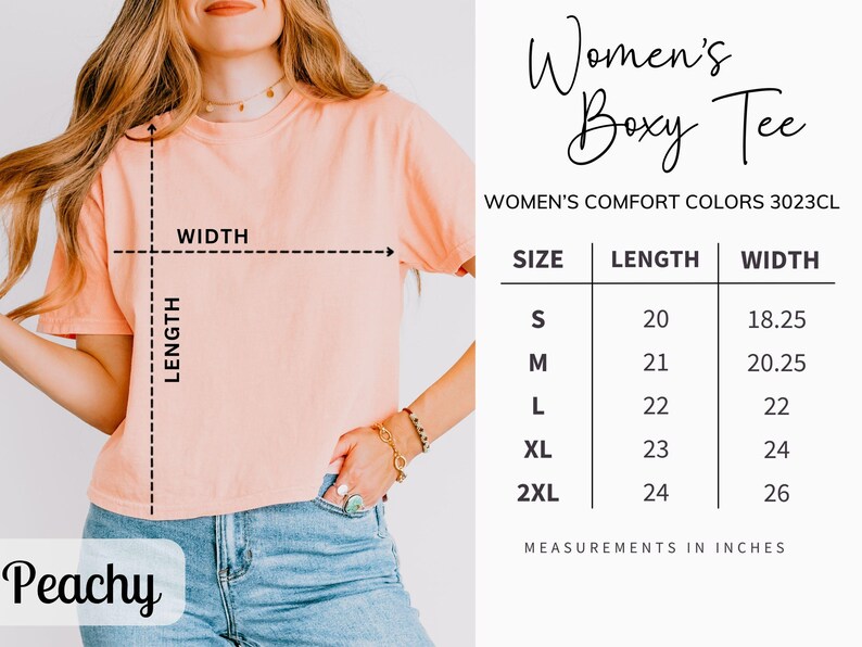 May include: A peach-coloured boxy tee shirt with the word "Peachy" at the bottom. The shirt's measurements are displayed in inches. The text "Women's Boxy Tee" is at the top of the image.