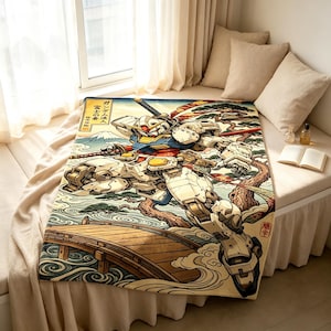 May include: A rectangular throw blanket featuring a printed illustration of a white, blue, and yellow robot standing on a wooden bridge. The background depicts a stylised landscape with a mountain, pine tree, and water, including Japanese text.